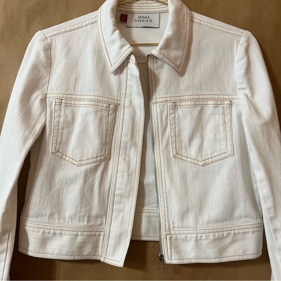 Misha Nonoo | Denim Crop Zip Up Jacket Collared White Contrast Stitching Size S - Picture 7 of 15
